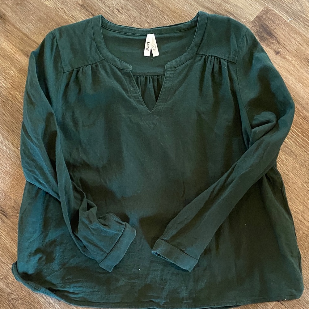 Pact organic cotton notch v-neck gauze blouse top shirt L large green